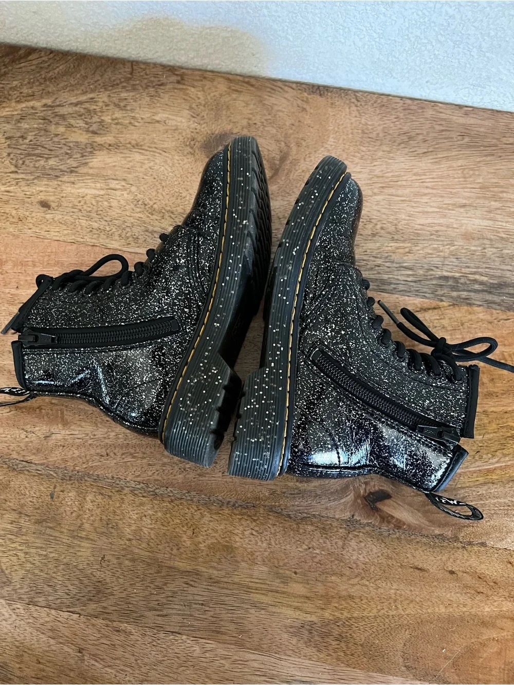 Dr. Martens Kid's Collection 1460 J Black Patent Leather Glitter Ankle Boots